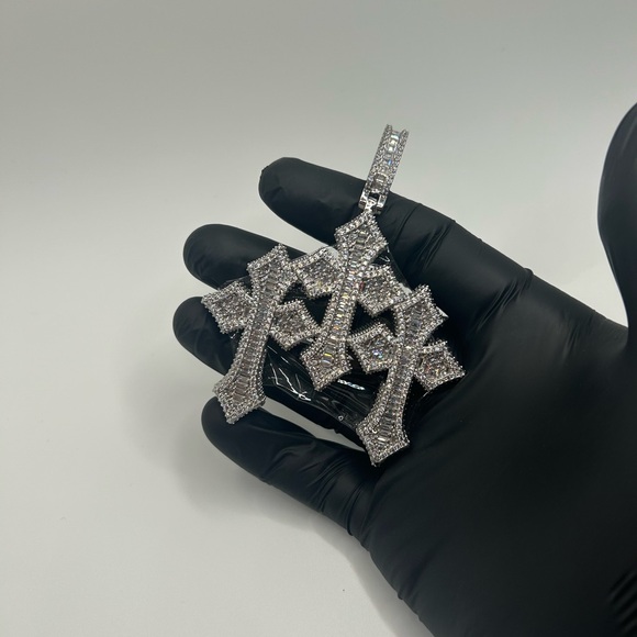 Moissanite Cross Pendant Iced Baguette Triple Faith VVS1 Passes Test Silver